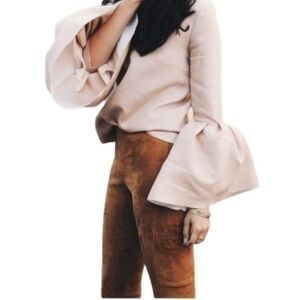 St. John Suede Leather calf Pants silk geometric print lining Made in Italy